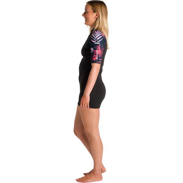 2026 C-Skins Femmes NuWave Solace Lite 2/2mm Front Zip Shorty Combinaison Néoprène C-NSOL22SHW - Black / Tropical